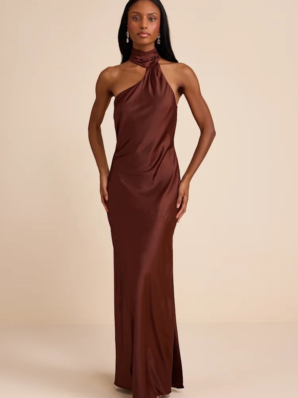 Lulu's One-Shoulder Chocolate Brown Satin Gown